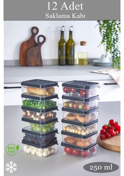 12'li 250 ml Çok Amaçlı Saklama Kabı Seti - Dondurucu, Mikrodalga, Piknik, Bakliyat için uygun