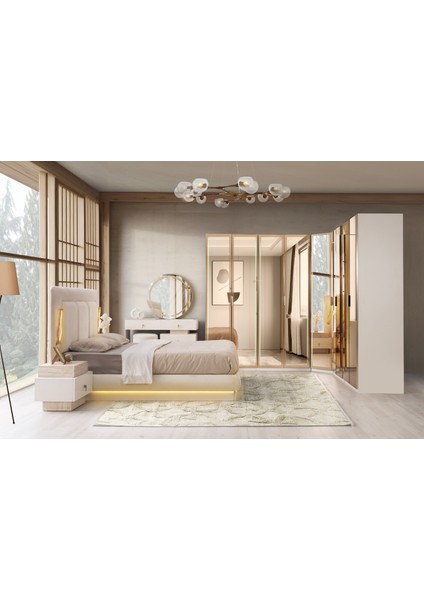 Platin Köşe Mdf Bazalı Ledli Yatak Odası Takımı