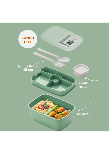 3198 Kendinden Kaşık Çatallı Sosluklu Bölmeli Beslenme Çantası - Taşınabilir 2 Katlı Lunch Box - Sefer Tası 1200 ml Yeşil