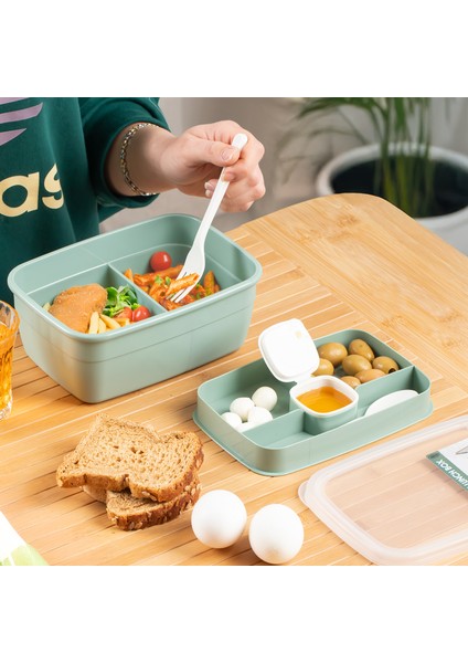 3198 Kendinden Kaşık Çatallı Sosluklu Bölmeli Beslenme Çantası - Taşınabilir 2 Katlı Lunch Box - Sefer Tası 1200 ml Yeşil fiyatları