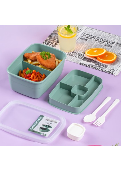 3198 Kendinden Kaşık Çatallı Sosluklu Bölmeli Beslenme Çantası - Taşınabilir 2 Katlı Lunch Box - Sefer Tası 1200 ml Yeşil modelleri