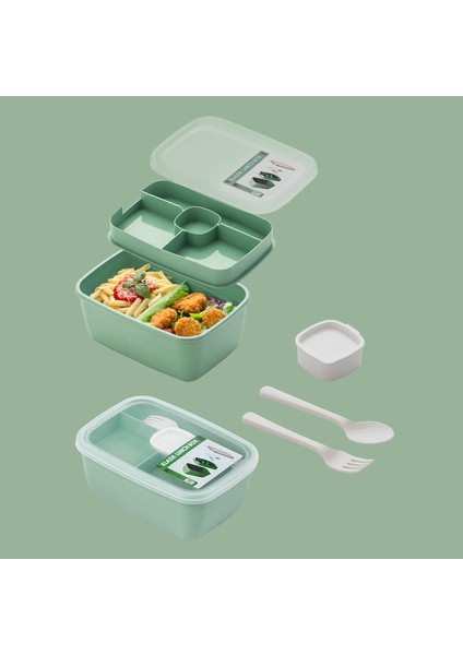 3198 Kendinden Kaşık Çatallı Sosluklu Bölmeli Beslenme Çantası - Taşınabilir 2 Katlı Lunch Box - Sefer Tası 1200 ml Yeşil indirimleri