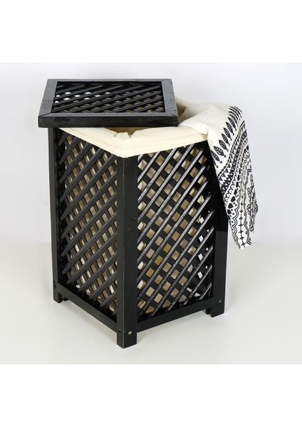 Şık ahşap kapaklı çamaşır sepeti, siyah renk, dayanıklı ve pratik tasarım