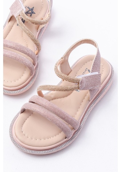 Kız Çocuk Cırtlı Taşlı Sandalet Kaydırmaz Taban Suni Deri Rahat Tasarım