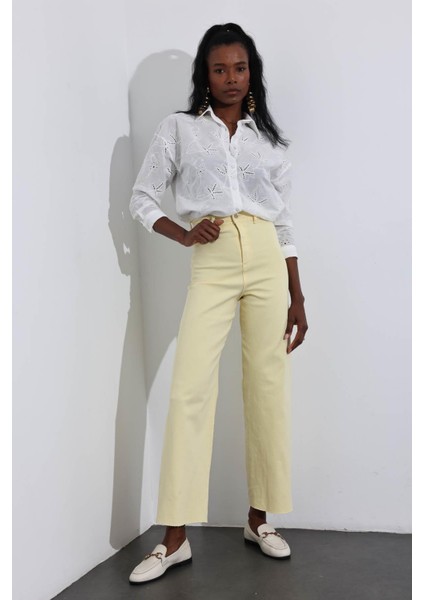 Sarı Yüksek Bel Kesik Paça Wide Leg Jean