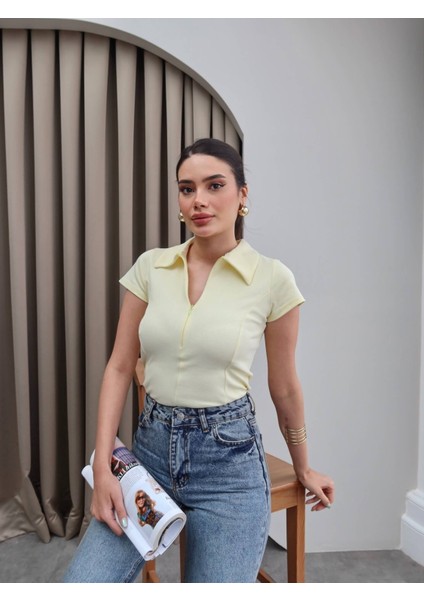 Fermuarlı Kısa Kol Body