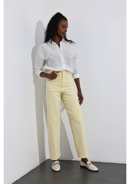 Sarı Yüksek Bel Kesik Paça Wide Leg Jean