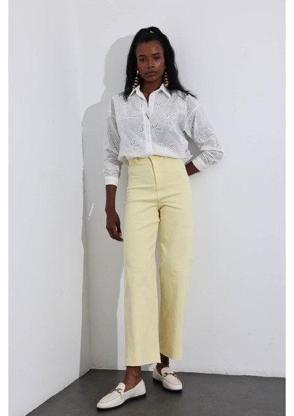 Sarı Yüksek Bel Kesik Paça Wide Leg Jean