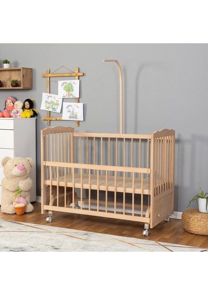 Ahşap Beşik Anne Yanı Beşik Organik (Boyasız) 60X120 - Krem Güpür Uyku Seti Yatak Tekerlekli