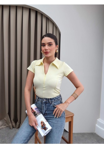 Fermuarlı Kısa Kol Body