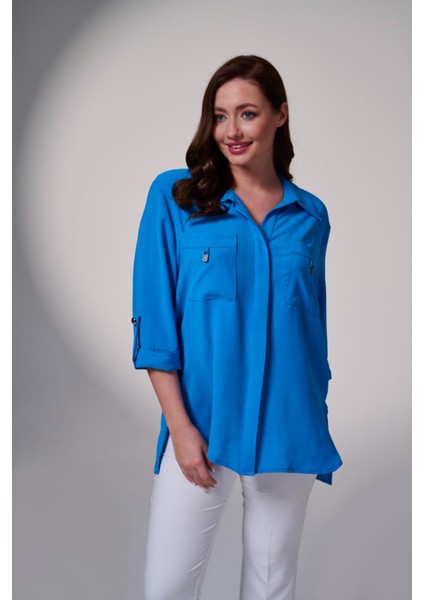 Büyük Beden Kolu Katlamalı Çift Cepli Gömlek