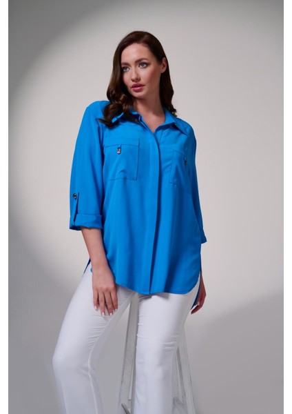 Büyük Beden Kolu Katlamalı Çift Cepli Gömlek modelleri