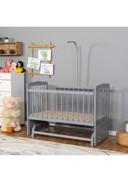 Doğal Ahşap Beşik Anne Yanı Beşik Gri 60X120 Mavi Yıldız Uyku Seti Yatak