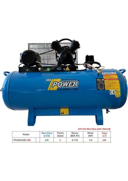 200 Lt Döküm Kafalı Yağlı Pistonlu Kompresör 220 V Monofaze şehir elektriği, 3 Hp, 2 Piston, 8 Bar