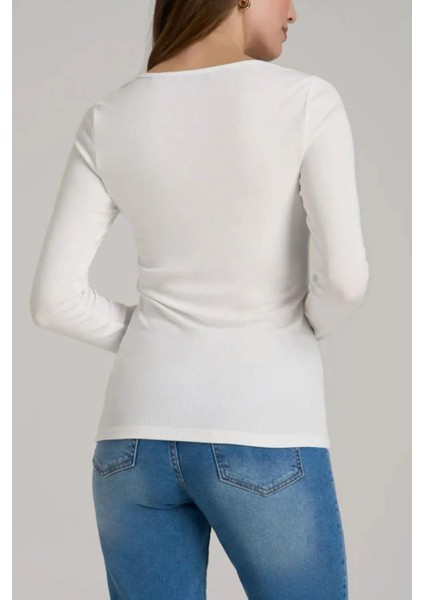 Kadın Beyaz Uzun Kollu Kare Yaka T-Shirt Bluz Kaşkorse Fitilli modelleri