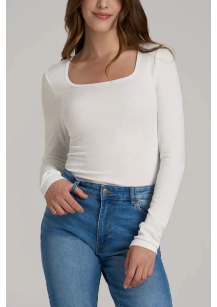 Kadın Beyaz Uzun Kollu Kare Yaka T-Shirt Bluz Kaşkorse Fitilli