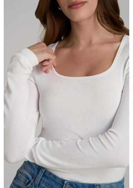 Kadın Beyaz Uzun Kollu Kare Yaka T-Shirt Bluz Kaşkorse Fitilli fiyatları
