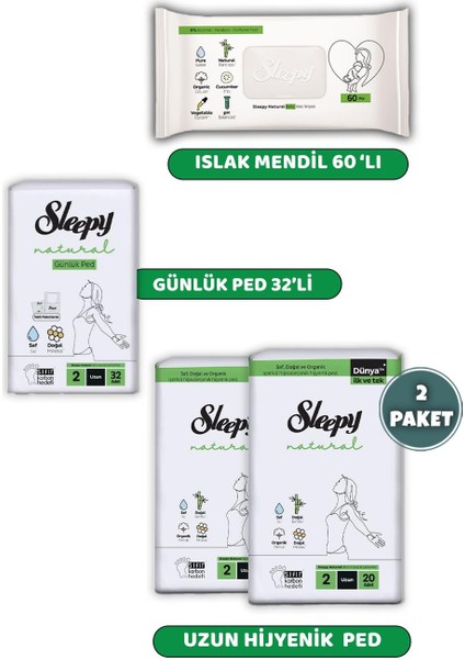 Natural Ultra Hassas Ped Uzun 40'lı, Günlük Ped 32'li, Natural 60'lı Mendil ve Rosıe