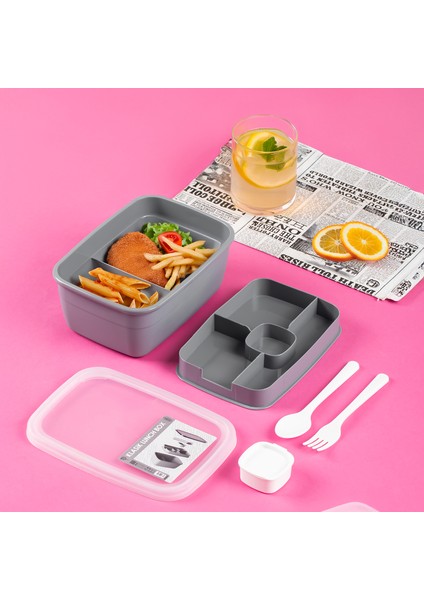 3201 Kendinden Kaşık Çatallı Sosluklu Bölmeli Beslenme Çantası - Taşınabilir 2 Katlı Lunch Box - Sefer Tası 1200 ml Gri modelleri