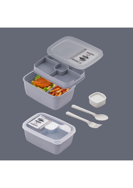 3201 Kendinden Kaşık Çatallı Sosluklu Bölmeli Beslenme Çantası - Taşınabilir 2 Katlı Lunch Box - Sefer Tası 1200 ml Gri indirimleri