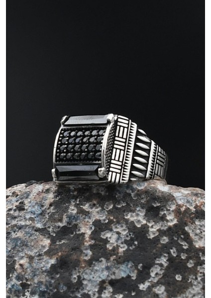 Kare Siyah Baget Taşlı 925 Ayar Gümüş Erkek Yüzüğü 901717