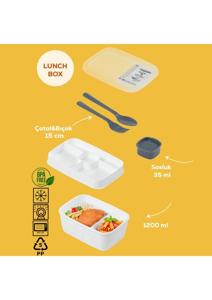 3200 Kendinden Kaşık Çatallı Sosluklu Bölmeli Beslenme Çantası - Taşınabilir 2 Katlı Lunch Box - Sefer Tası 1200 ml Beyaz