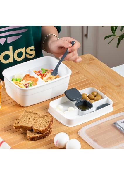 3200 Kendinden Kaşık Çatallı Sosluklu Bölmeli Beslenme Çantası - Taşınabilir 2 Katlı Lunch Box - Sefer Tası 1200 ml Beyaz