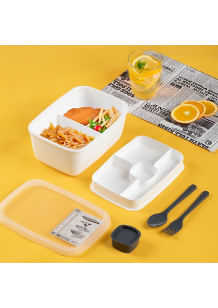 3200 Kendinden Kaşık Çatallı Sosluklu Bölmeli Beslenme Çantası - Taşınabilir 2 Katlı Lunch Box - Sefer Tası 1200 ml Beyaz