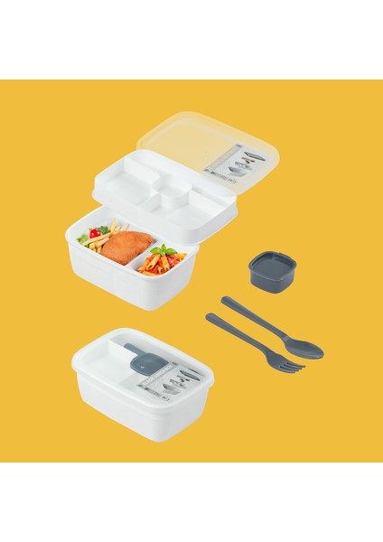 3200 Kendinden Kaşık Çatallı Sosluklu Bölmeli Beslenme Çantası - Taşınabilir 2 Katlı Lunch Box - Sefer Tası 1200 ml Beyaz