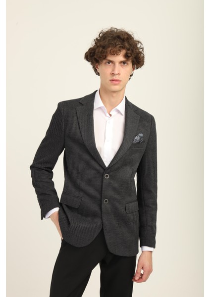 Gri Renk Mono Yaka Iki Düğme Çift Yırtmaç Blazer Tek Ceket Slim Fit | Agustini