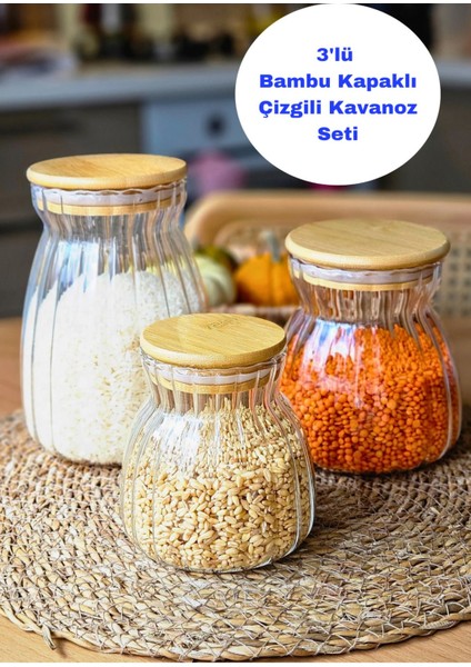 3'lü cam kavanoz seti, bambu kapaklı, çizgili tasarım, saklama için ideal, 950 ml