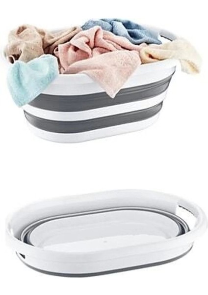 Katlanabilir 18 Lt Çamaşır Sepeti Akordiyon Tasarım Gri-Beyaz