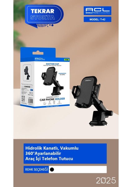 T-42 Araç Içi Telefon Tutacağı Vakumlu Sabit Stand Güçlü Tutuculu Kayıp Önleyici Aparat