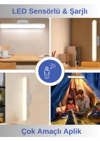 Hareket Sensörlü Şarjlı Kablosuz Dokunmatik Mıknatıslı LED Aplik - 3 Farklı Işık
