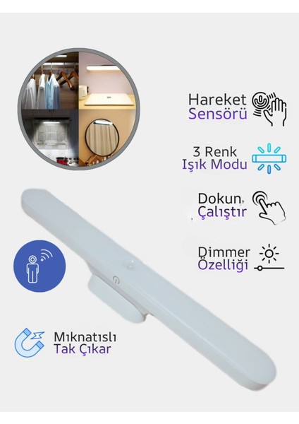 Hareket Sensörlü Şarjlı Kablosuz Dokunmatik Mıknatıslı LED Aplik - 3 Farklı Işık