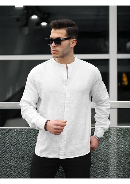 Hafif ve Nefes Alabilir Erkek Müslin Yarım Pat Hakim Yaka Oversize Gömlek - Beyaz