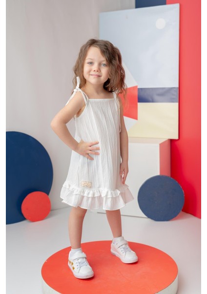 Kız Çocuk Fırfırlı Askılı Elbise - Beyaz