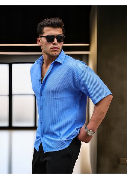 Oversize Fitilli Kısa Kol Gömlek - Mavi