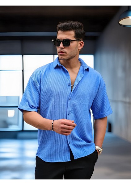 Oversize Fitilli Kısa Kol Gömlek - Mavi