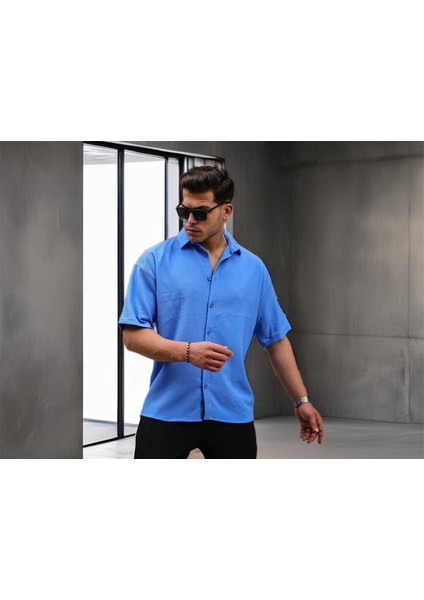 Oversize Fitilli Kısa Kol Gömlek - Mavi