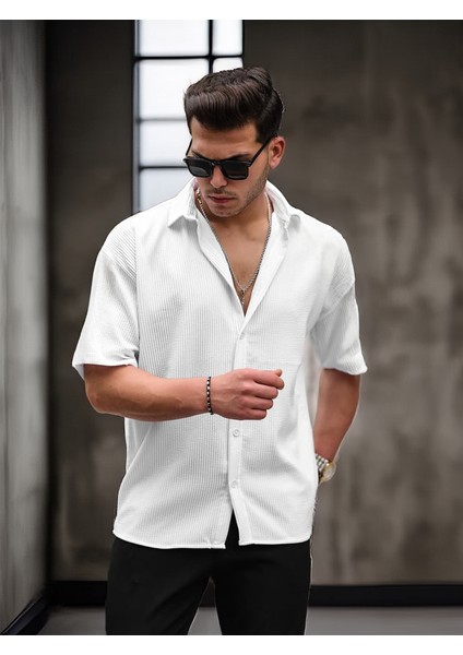 Oversize Fitilli Kısa Kol Gömlek - Beyaz