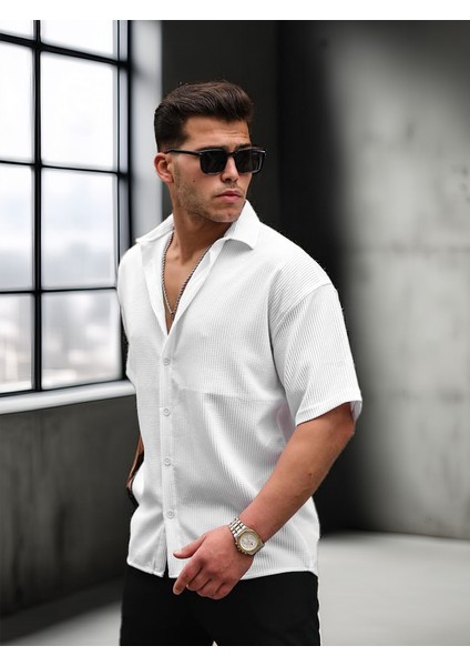 Oversize Fitilli Kısa Kol Gömlek - Beyaz