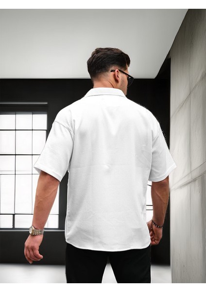 Oversize Fitilli Kısa Kol Gömlek - Beyaz