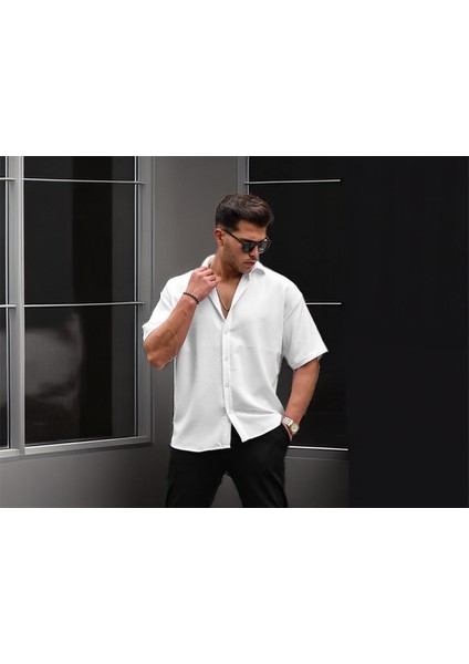 Oversize Fitilli Kısa Kol Gömlek - Beyaz