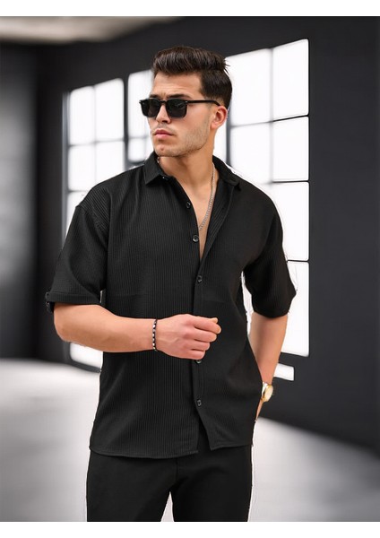Oversize Fitilli Kısa Kol Gömlek - Siyah