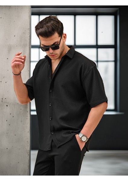 Oversize Fitilli Kısa Kol Gömlek - Siyah