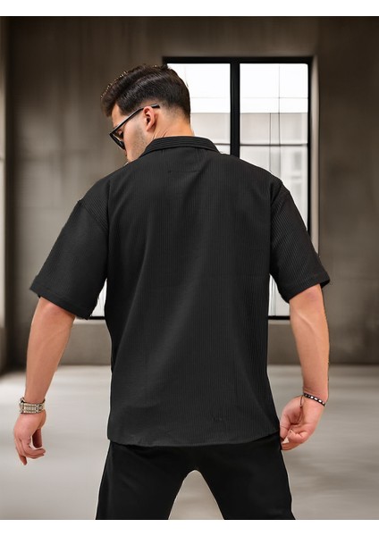 Oversize Fitilli Kısa Kol Gömlek - Siyah