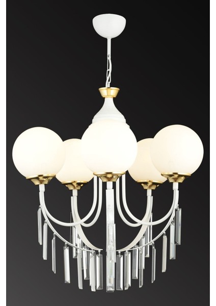Beyaz Şelale 5'li Beyaz Top Camlı Lüks Yukarı Bakan Kristal Taşlı Avize