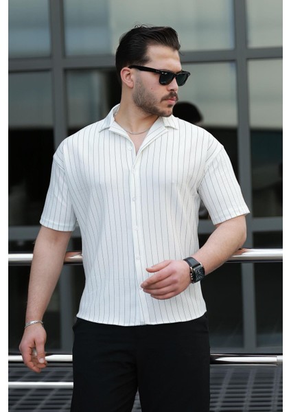 Apaş Yaka Krep Kumaş Çizgili Yarım Oversize Erkek Gömlek - Beyaz modelleri