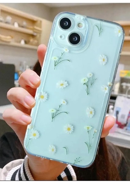 İphone 14 Uyumlu Minik Papatyalar Desenli Şeffaf Silikon Kılıf